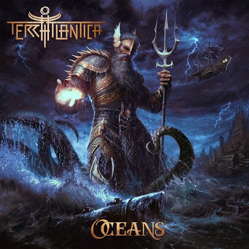 Fantasy album cover depicting a bearded god with a trident in stormy seas.