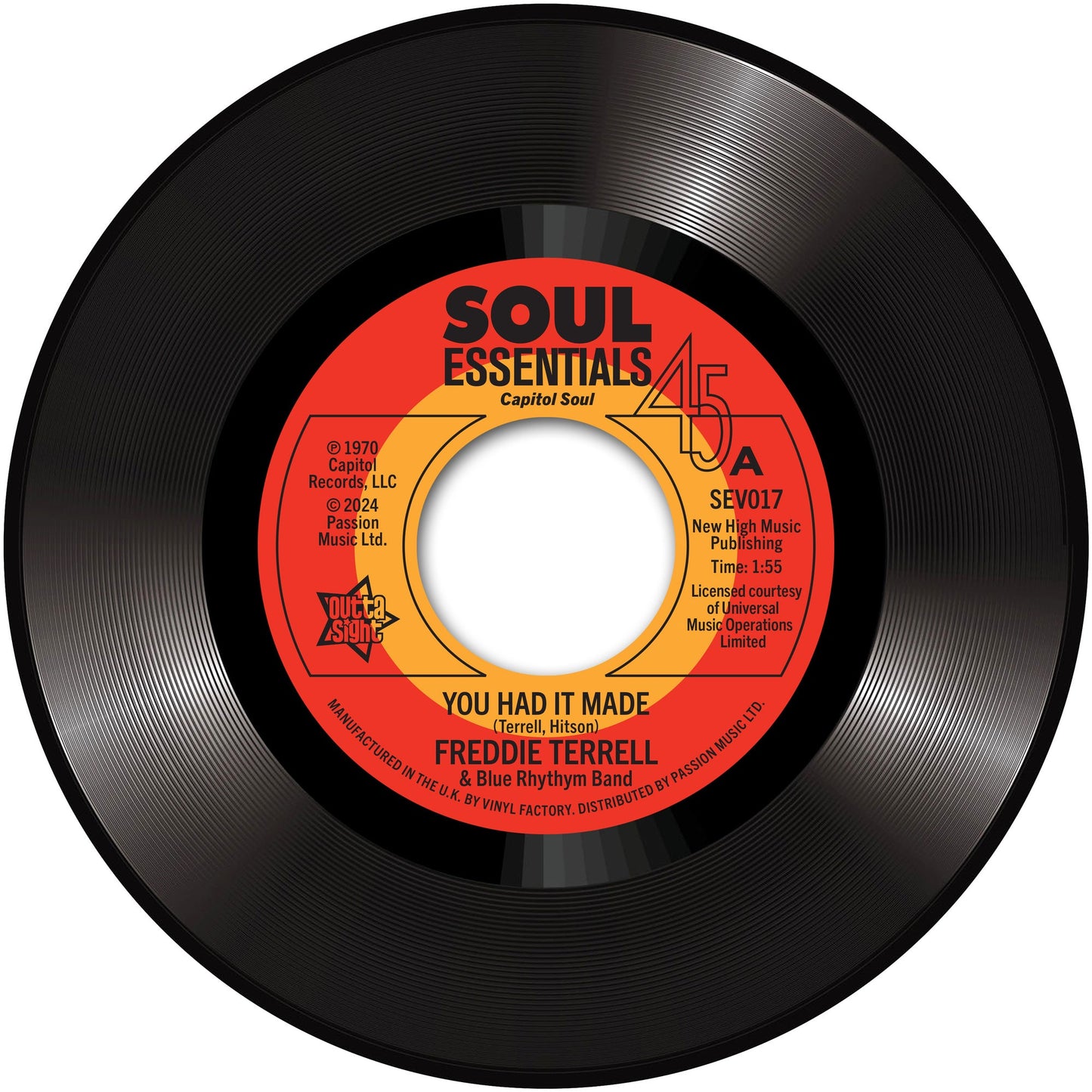 Red vinyl 45 RPM record label featuring “You Had It Made” by Freddie Terrell.