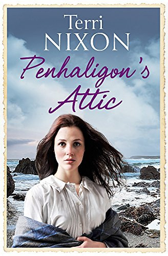 Book cover: woman with windswept hair, rocky coastline, and title "Penhaligon's Attic".