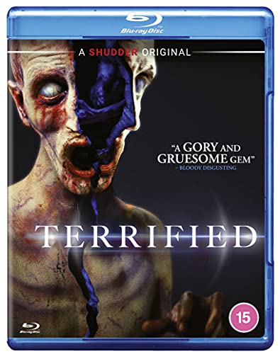 "Blu-ray case for 'Terrified' with a split, grotesque face on the cover."
