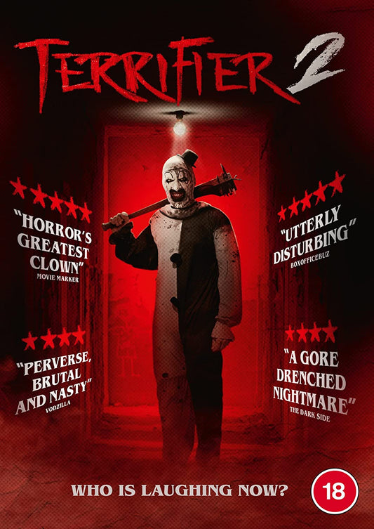"Terrifier 2" DVD cover featuring a pale clown holding an axe, surrounded by red glow.
