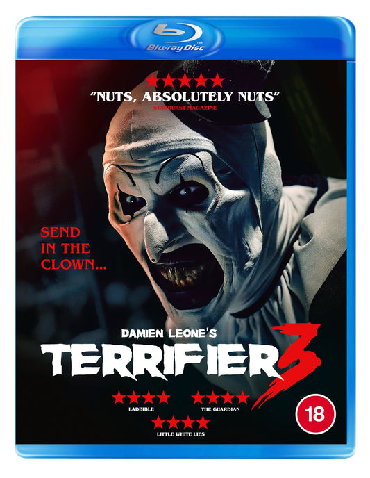 Terrifier 3" Blu-ray cover featuring Art the Clown with a sinister expression.