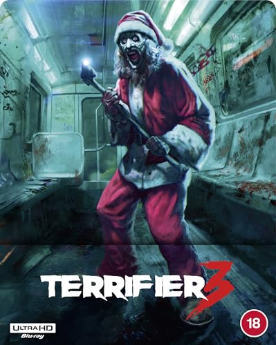 Art for "Terrifier 3" Blu-ray: a menacing figure in a Santa suit with an axe.