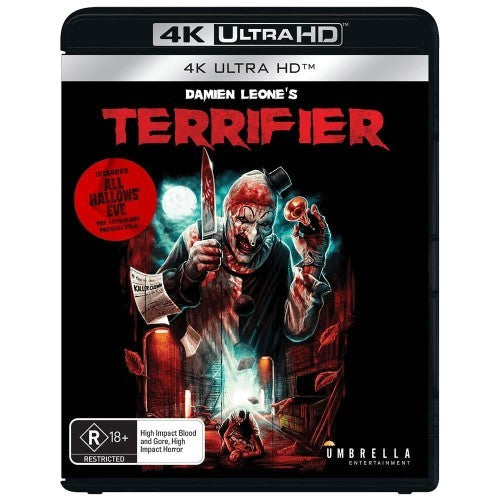 Blu-ray cover for horror film "Terrifier" featuring a menacing clown with a knife.