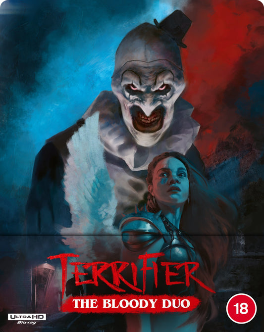 Terrifier The Bloody Duo" steelbook cover with red, distressed title text.