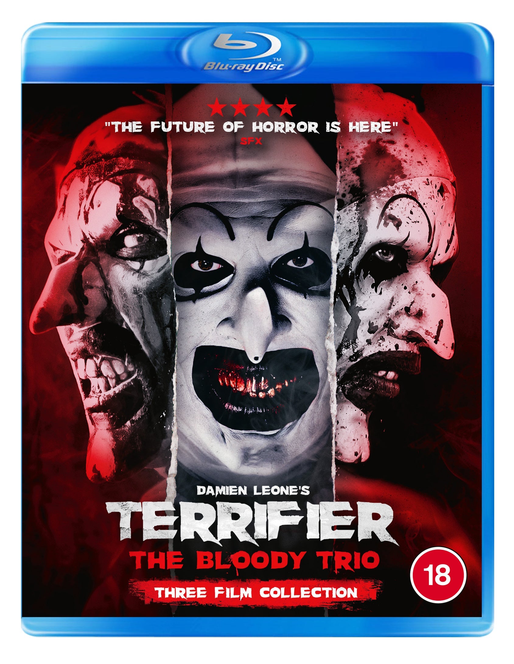 Blu-ray cover featuring three split views of Art the Clown's face.