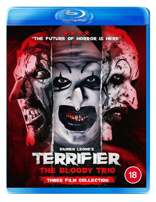 Blu-ray cover featuring three split views of Art the Clown's face.