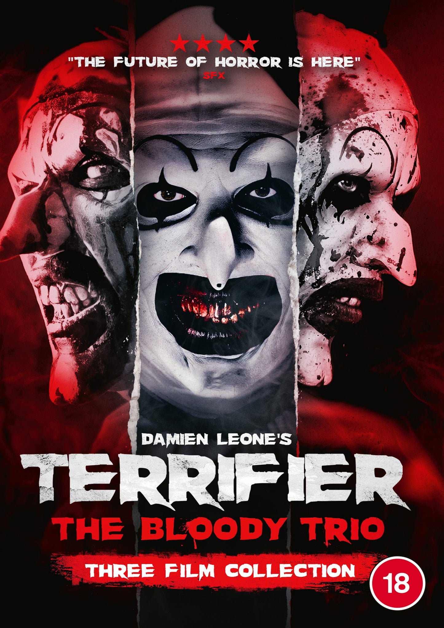 Terrifier" DVD cover featuring Art the Clown’s bloodied, distorted face.
