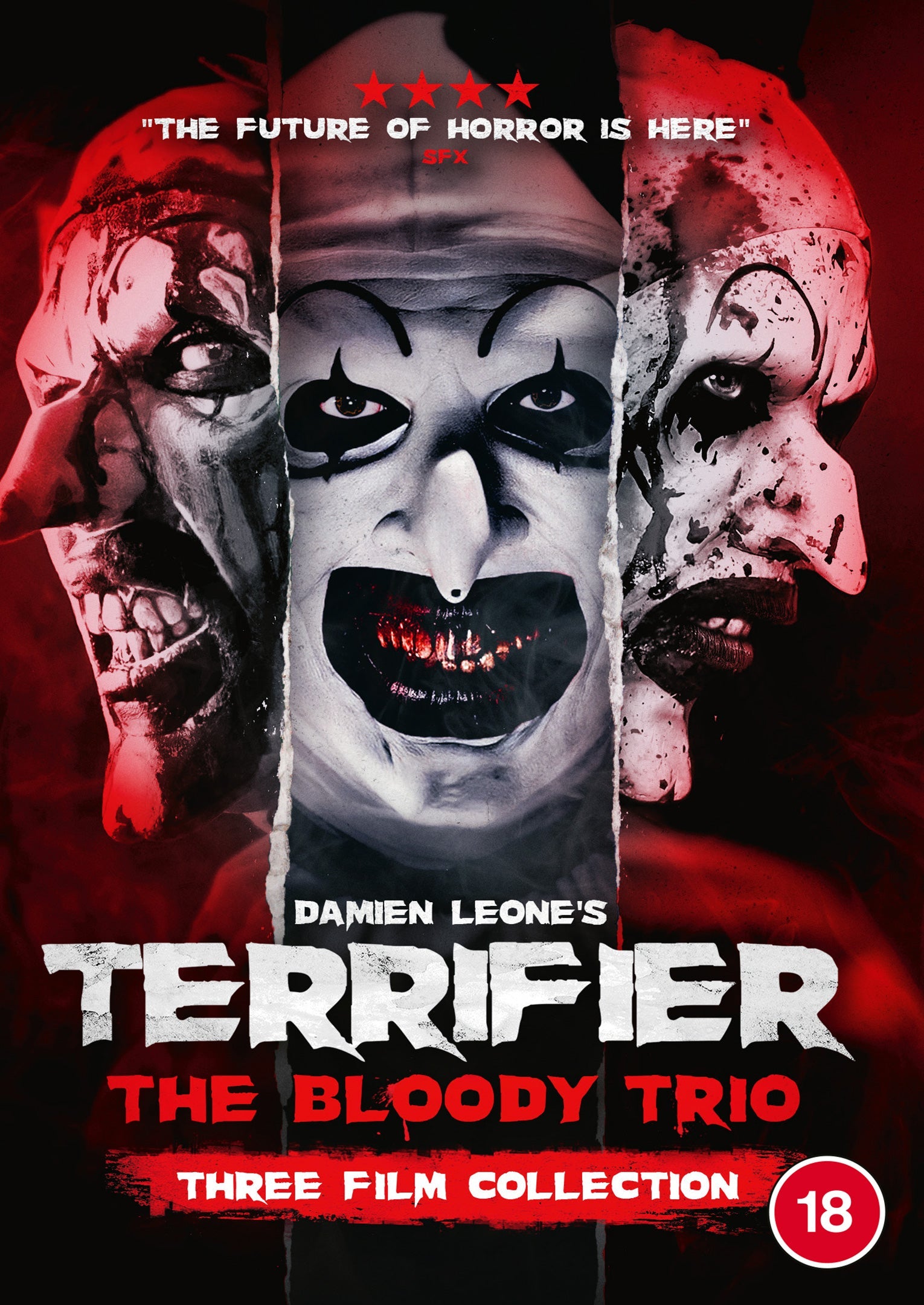Terrifier" DVD cover featuring Art the Clown’s bloodied, distorted face.