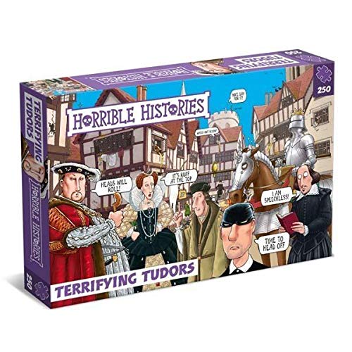 Horrible Histories Terrifying Tudors 250-piece puzzle box featuring cartoon Tudor figures in a street.
