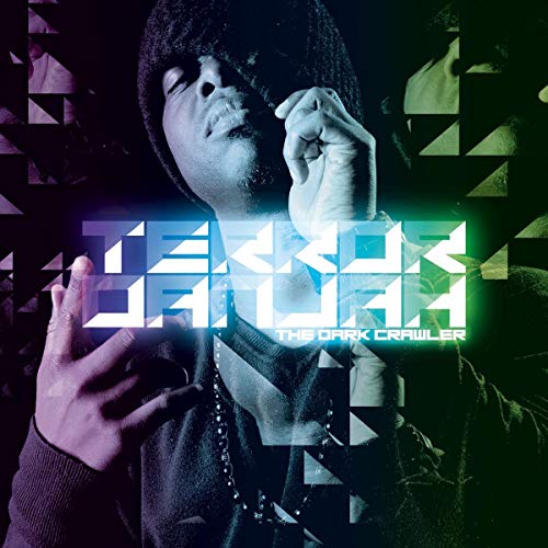 CD cover featuring a man in a hoodie against a geometric background.