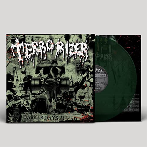 Terrorizer "Darker Days Ahead" vinyl record with distressed, collage-style cover art.