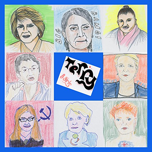 "Collage of eight hand-drawn portraits around a vinyl record sleeve."