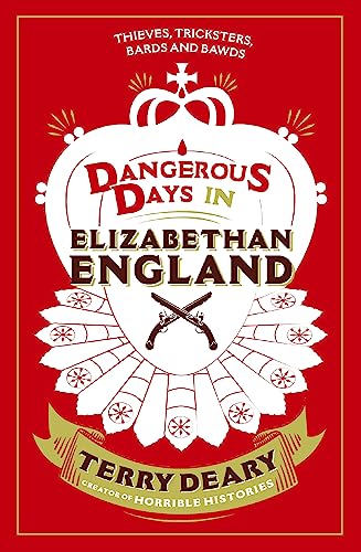 Book cover with red background, white Elizabethan ruff collar, and crossed pistols illustration.