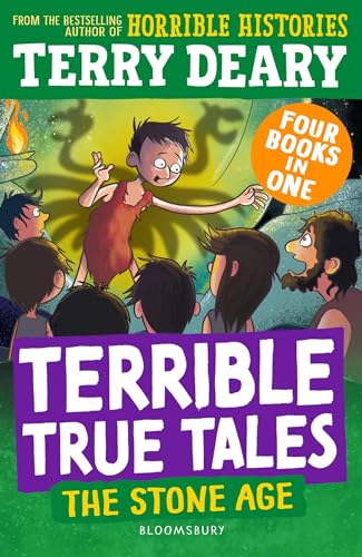 Book cover: cartoon Stone Age people, green background, purple title text.