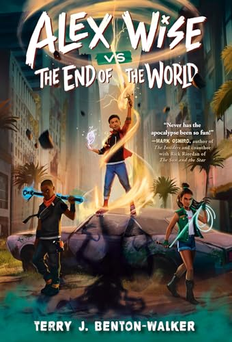 Book cover: three young people with glowing weapons in a ruined city.