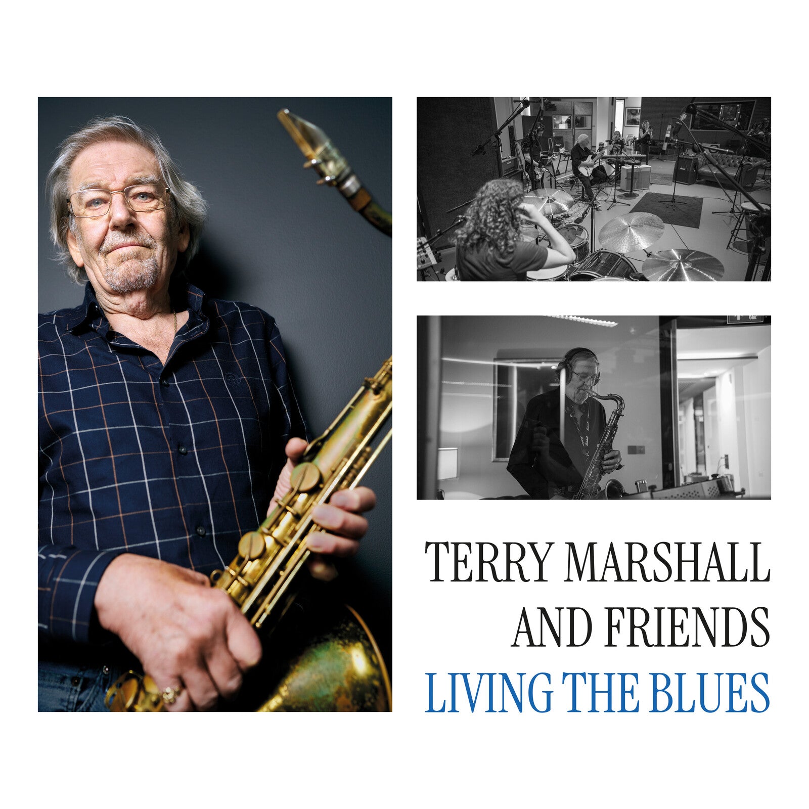 Terry Marshall holding a saxophone with studio photos and the album title text.