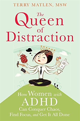 Book cover: illustrated woman with multiple arms juggling objects, titled “Queen of Distraction.”