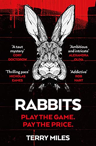 Book cover: black and white rabbit illustration with red text, "Rabbits.