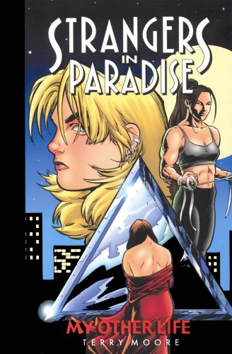 Comic book cover: two women and a city skyline, dramatic lighting.