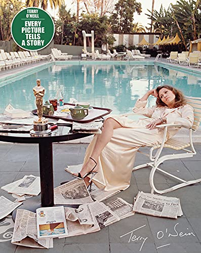 Faye Dunaway by a pool with an Oscar and scattered newspapers.