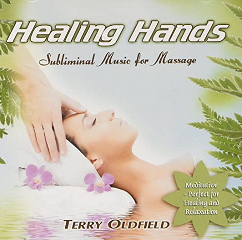 CD cover: woman receiving head massage, green foliage, text "Healing Hands".
