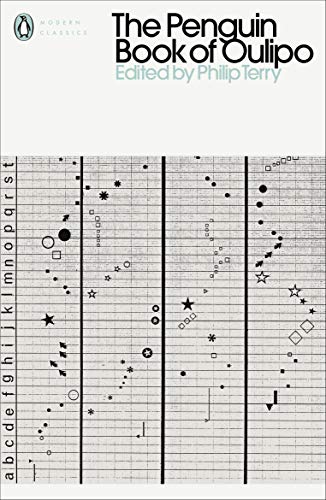 Penguin book cover with grid pattern and scattered symbols, titled “The Penguin Book Of Oulipo”.