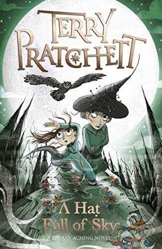 Book cover with cartoon witch and girl, full moon, and flying creatures in dark landscape.