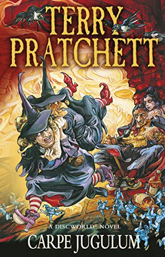 "Book cover of 'Carpe Jugulum' by Terry Pratchett, featuring witches and vampires."