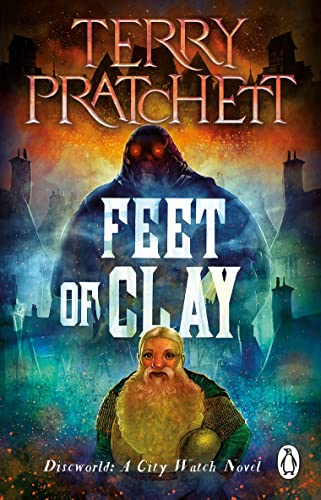 Book cover: "Feet of Clay" by Terry Pratchett, featuring a golem and dwarf.