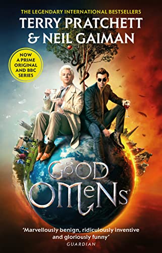 Book cover for “Good Omens” featuring two men on a globe.
