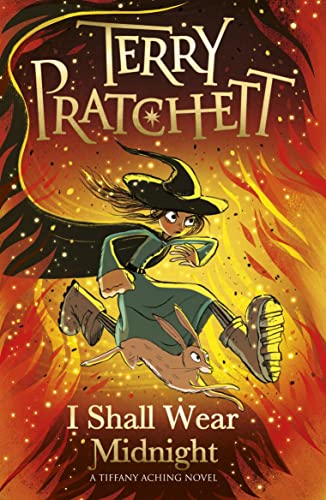 Book cover: young witch Tiffany Aching running with a rabbit.
