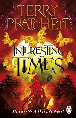 Book cover: "Interesting Times" by Terry Pratchett, with butterflies and a wizard.