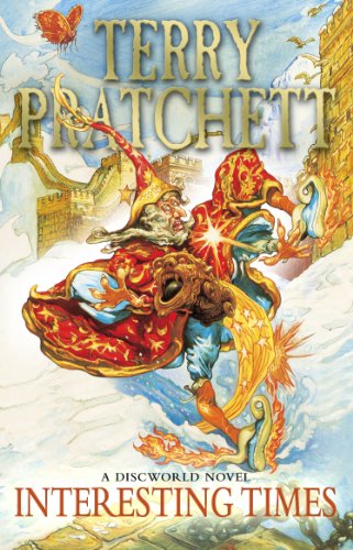 "Book cover of 'Interesting Times' by Terry Pratchett, featuring a man in a red robe."