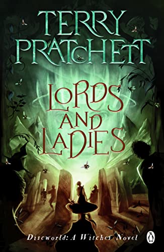 Book cover for "Lords and Ladies" with witches and standing stones.