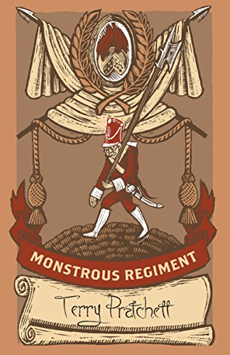 "Book cover with soldier illustration, 'Monstrous Regiment' title, and 'Terry Pratchett' author's name."