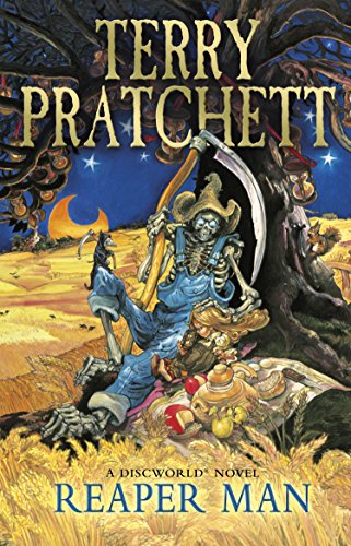 The image depicts the cover of "Reaper Man" by Terry Pratchett, featuring a skeleton.