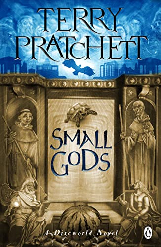 Book cover for “Small Gods” featuring stone statues and a turtle.
