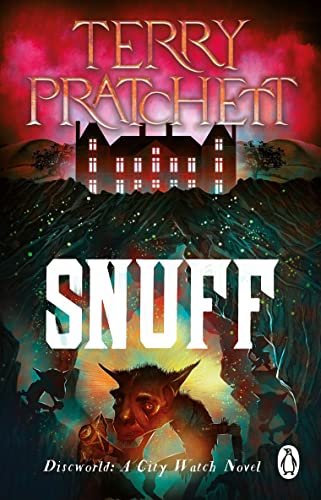 Book cover for “Snuff” featuring a mansion, dwarves, and the word “SNUFF”.