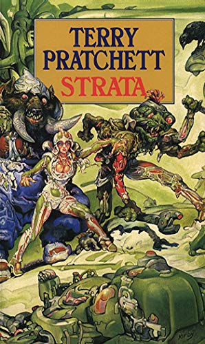 Book cover for "Strata" featuring futuristic figures and alien creatures.