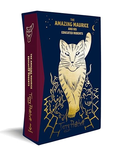 Hardcover book with a blue cover featuring a gold cat and small rodents.