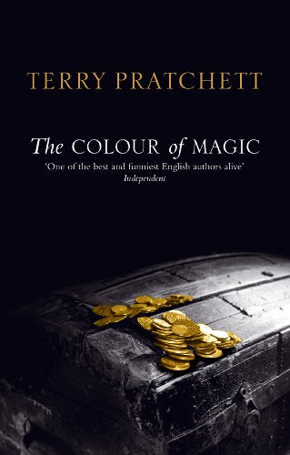 Book cover: "The Colour of Magic" by Terry Pratchett, with gold coins.