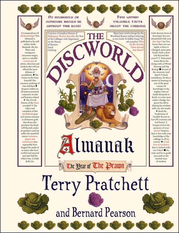 Book cover for The Discworld Almanak featuring an illustrated wizard, lion, and cabbage motifs.