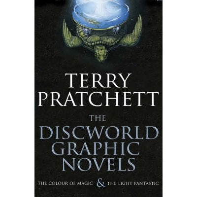 "Book cover with turtle supporting a disc world, on a black background."