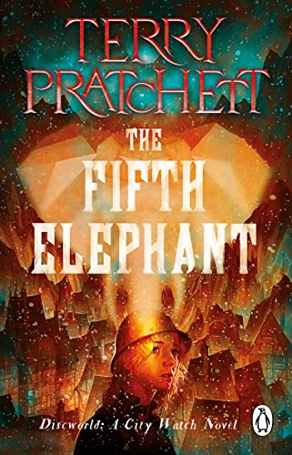 Book cover: "The Fifth Elephant" by Terry Pratchett, featuring a city scene.