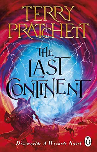 Book cover for The Last Continent by Terry Pratchett showing a wizard and lightning.