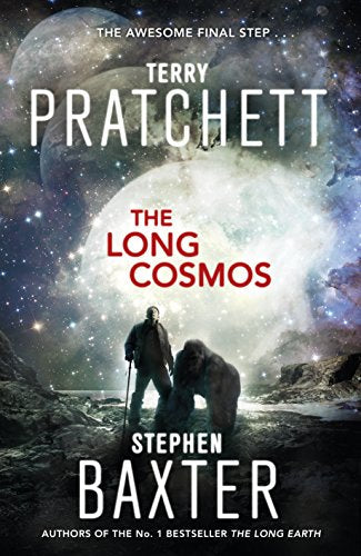A man and a gorilla stand on a rocky surface against a cosmic background.