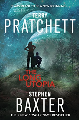 Book cover showing two people looking at multiple planets in a starry, forested landscape.