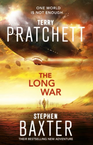 Book cover for The Long War showing a large airship over a desert landscape.