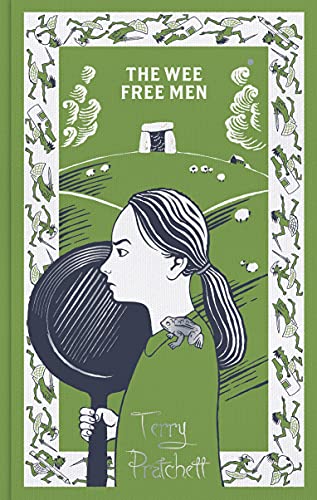 Book cover: girl with frying pan, green landscape, stone circle, Terry Pratchett.